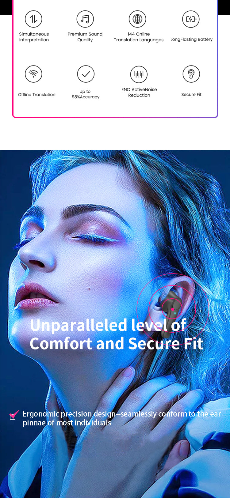 Oreillette Traducteur de langue Bluetooth compatible Ios & Android , 144 Langues B11