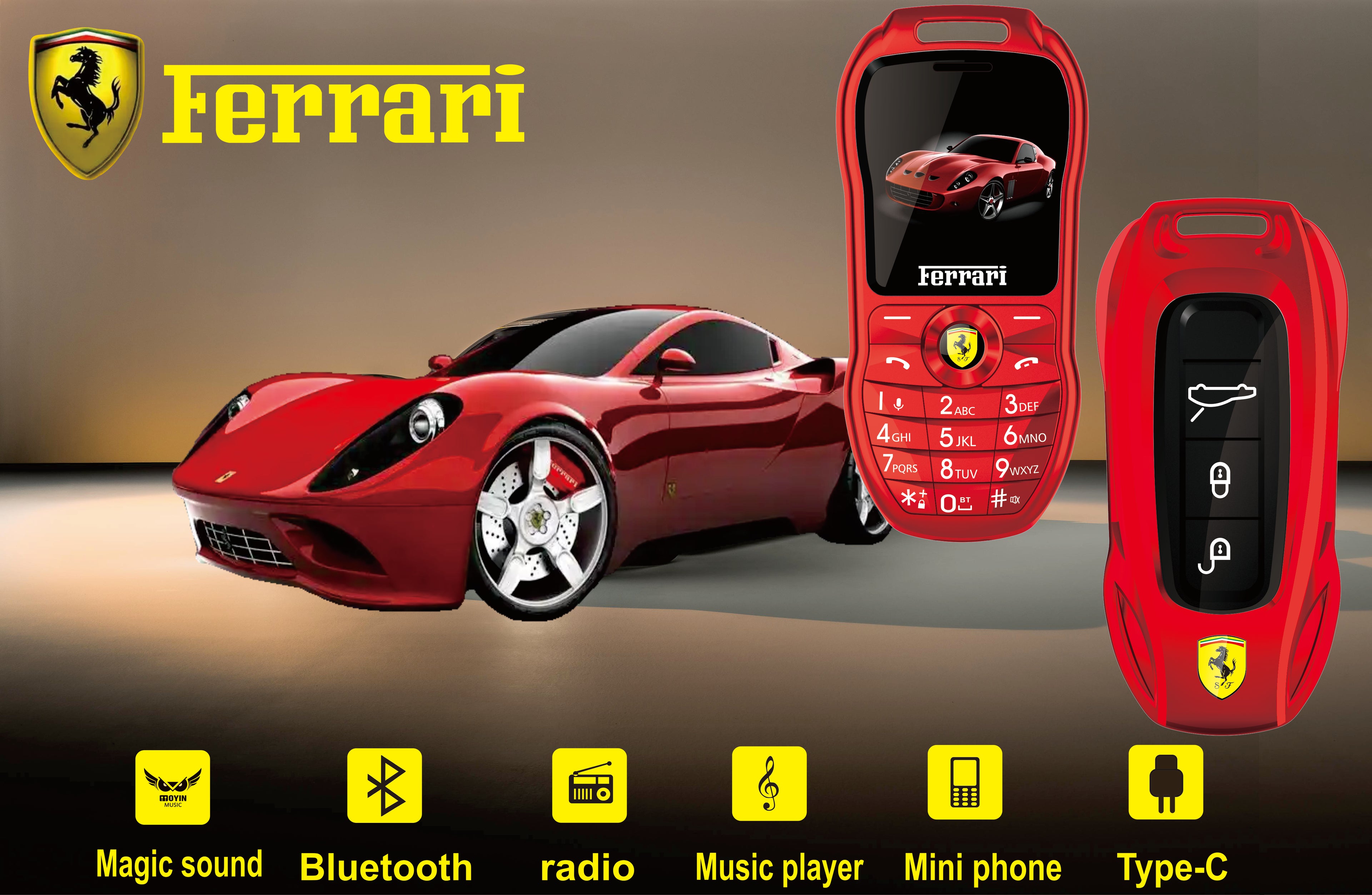 Mini téléphone portable Ferrari style clef de voiture de luxe Double Sim
