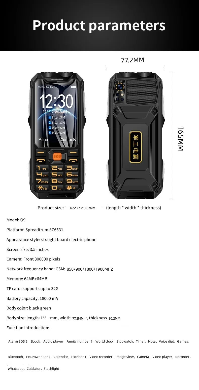 Téléphone anti chute Q9 2G 4 SIM , téléphone randonnée, chantier