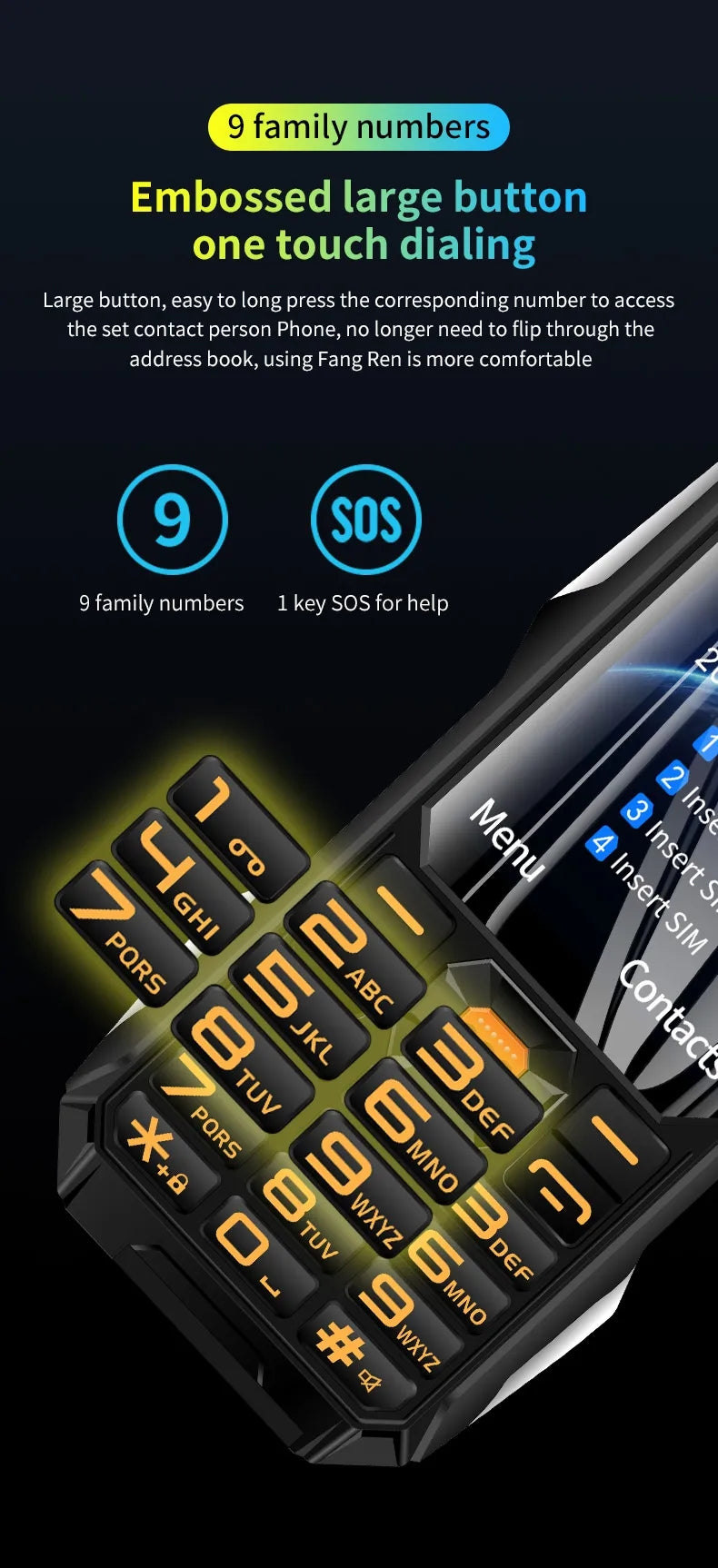 Téléphone anti chute Q9 2G 4 SIM , téléphone randonnée, chantier