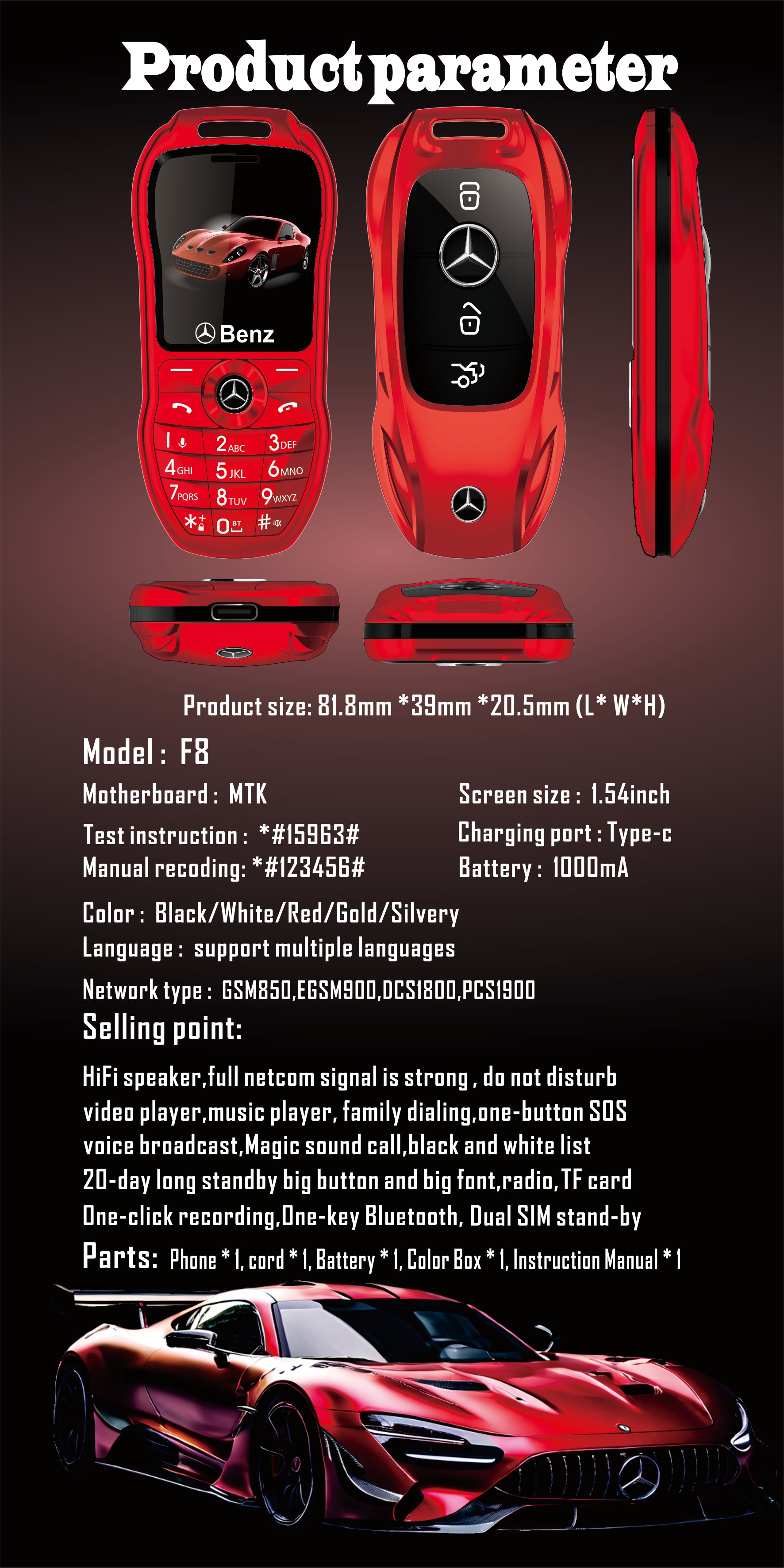 Mini téléphone Mercedes Benz clef de voiture style Double Sim