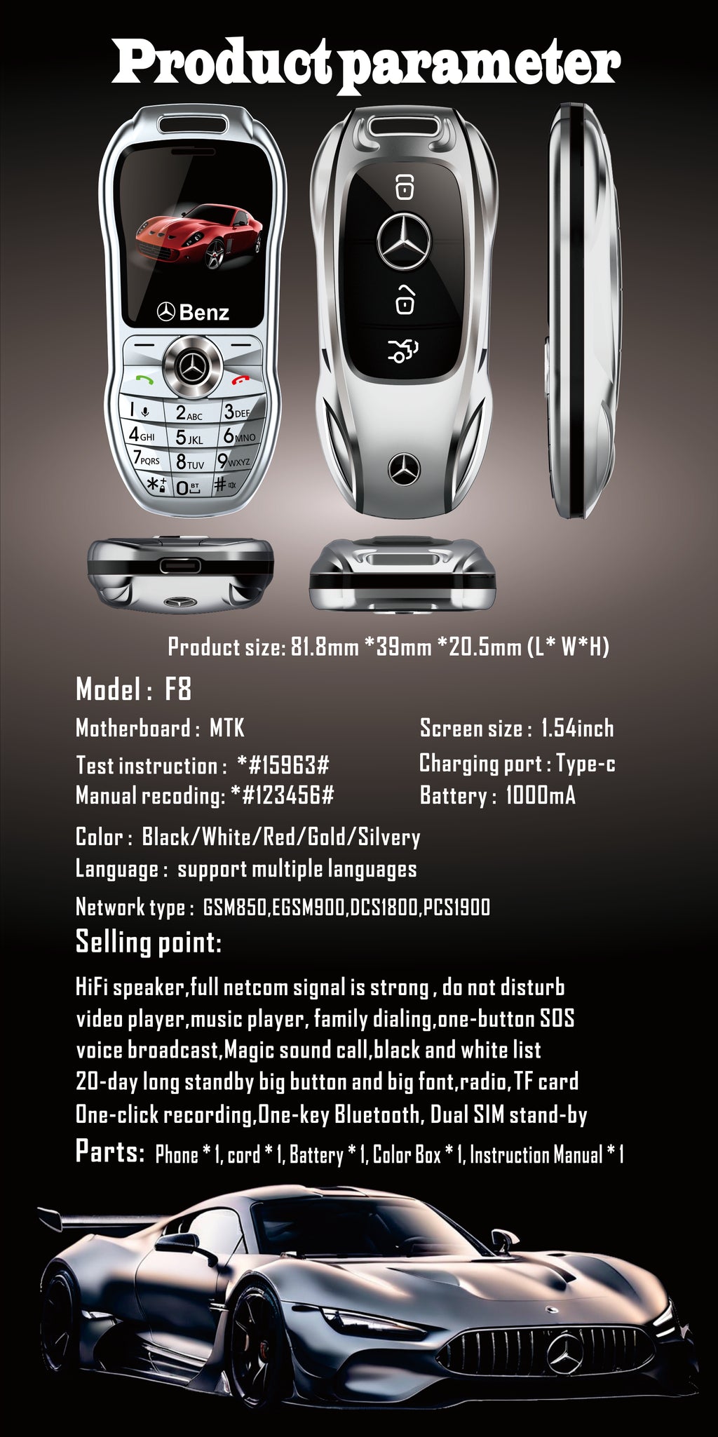 Mini téléphone Mercedes Benz clef de voiture style Double Sim