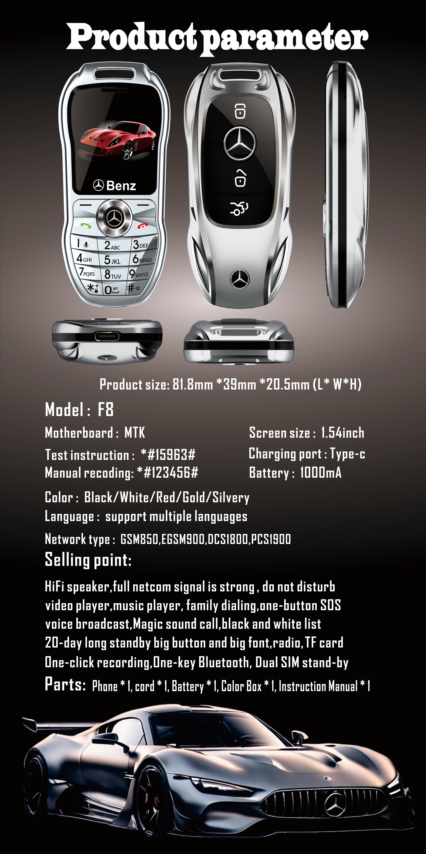 Mini téléphone Mercedes Benz clef de voiture style Double Sim