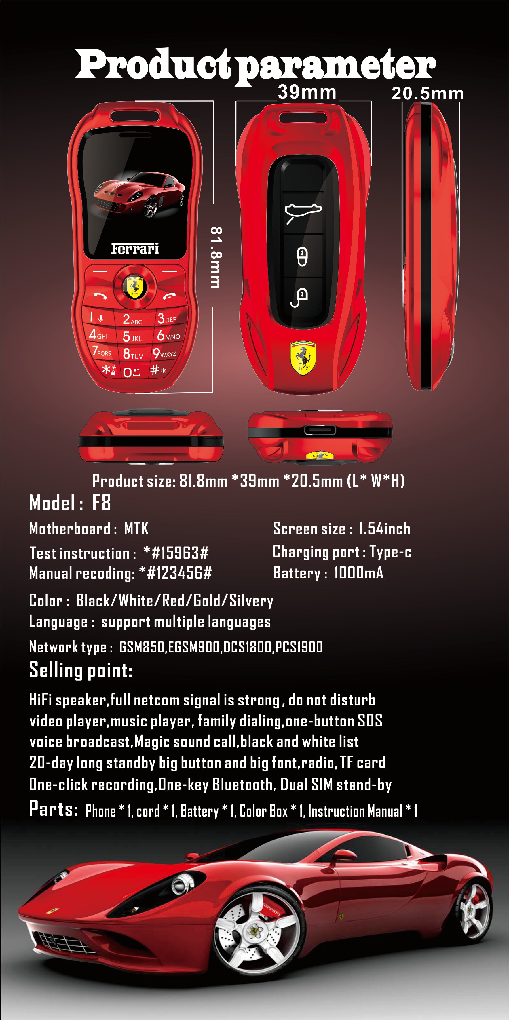 Mini téléphone portable Ferrari style clef de voiture de luxe Double Sim