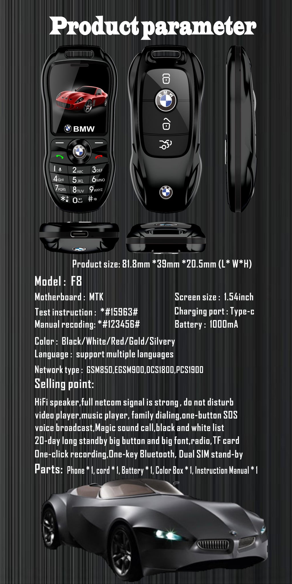 Mini téléphone portable BMW style clef de voiture Double sim