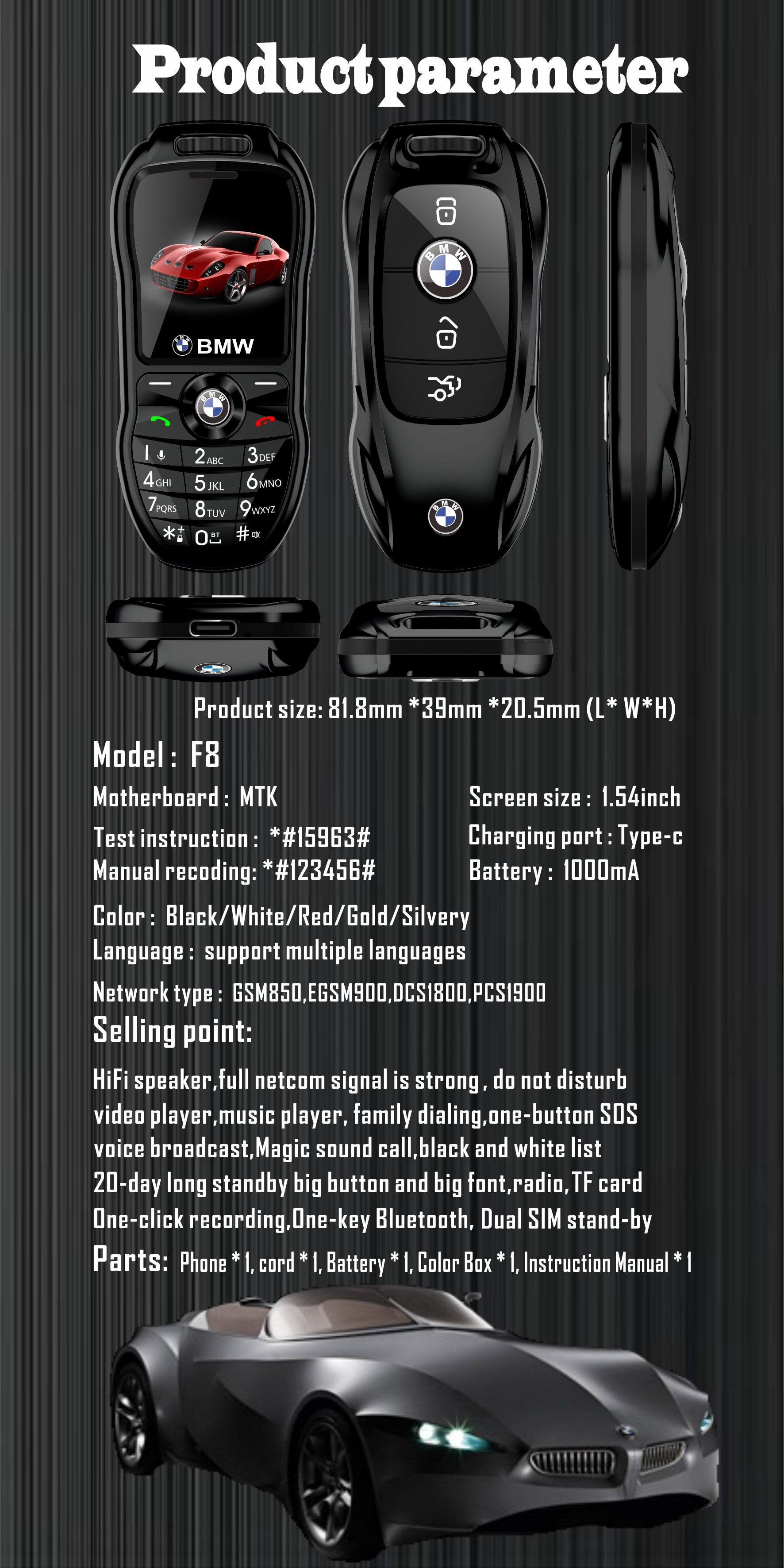 Mini téléphone portable BMW style clef de voiture Double sim