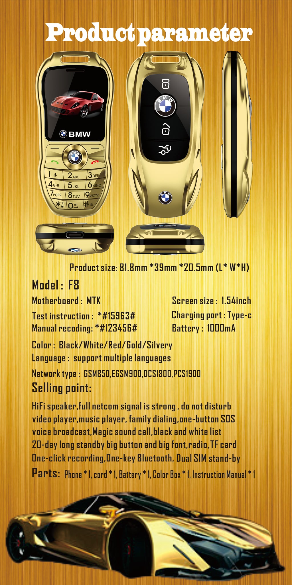 Mini téléphone portable BMW style clef de voiture Double sim