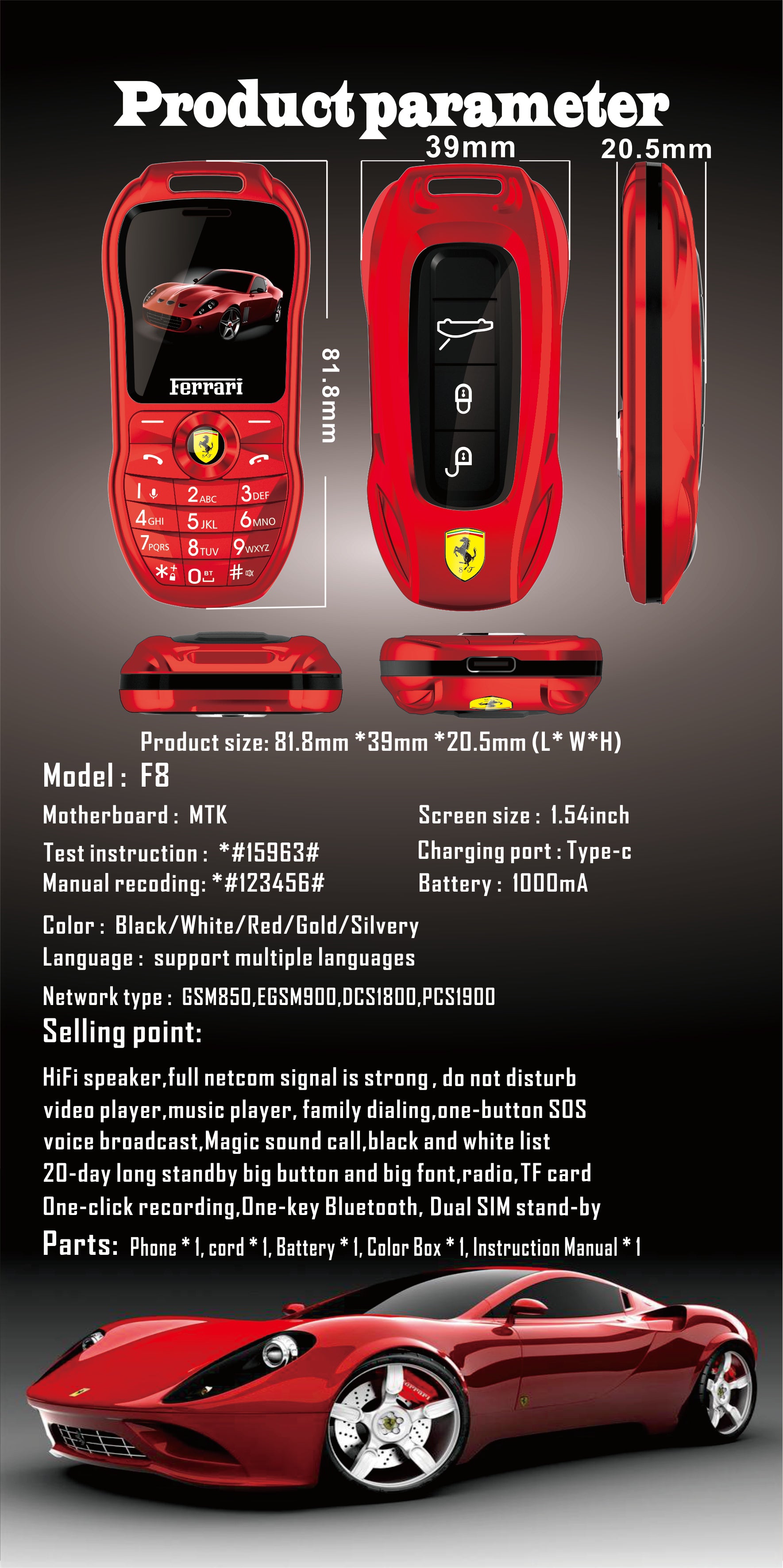 Mini téléphone portable Ferrari style clef de voiture de luxe Double Sim