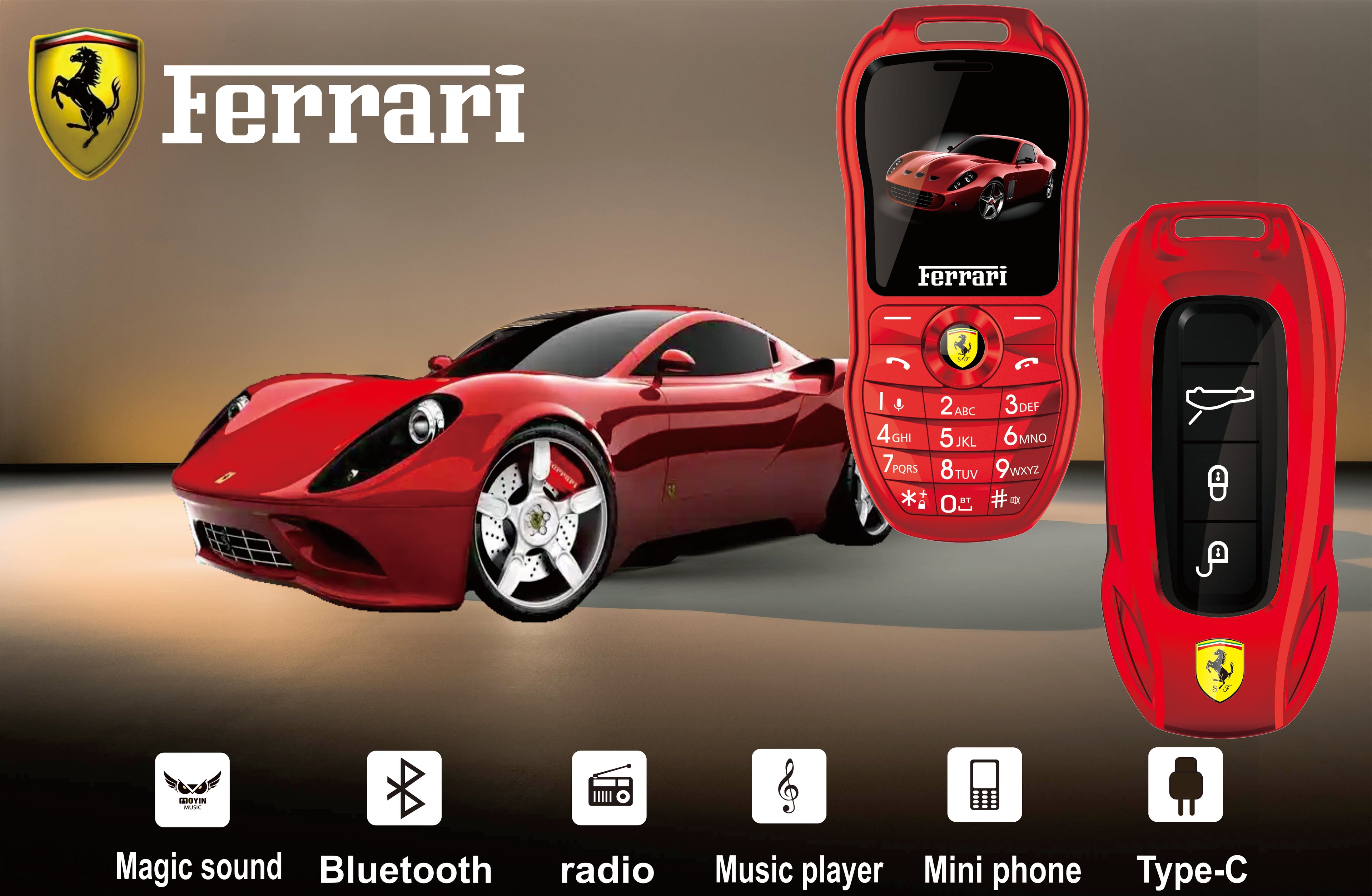 Mini téléphone portable Ferrari style clef de voiture de luxe Double Sim