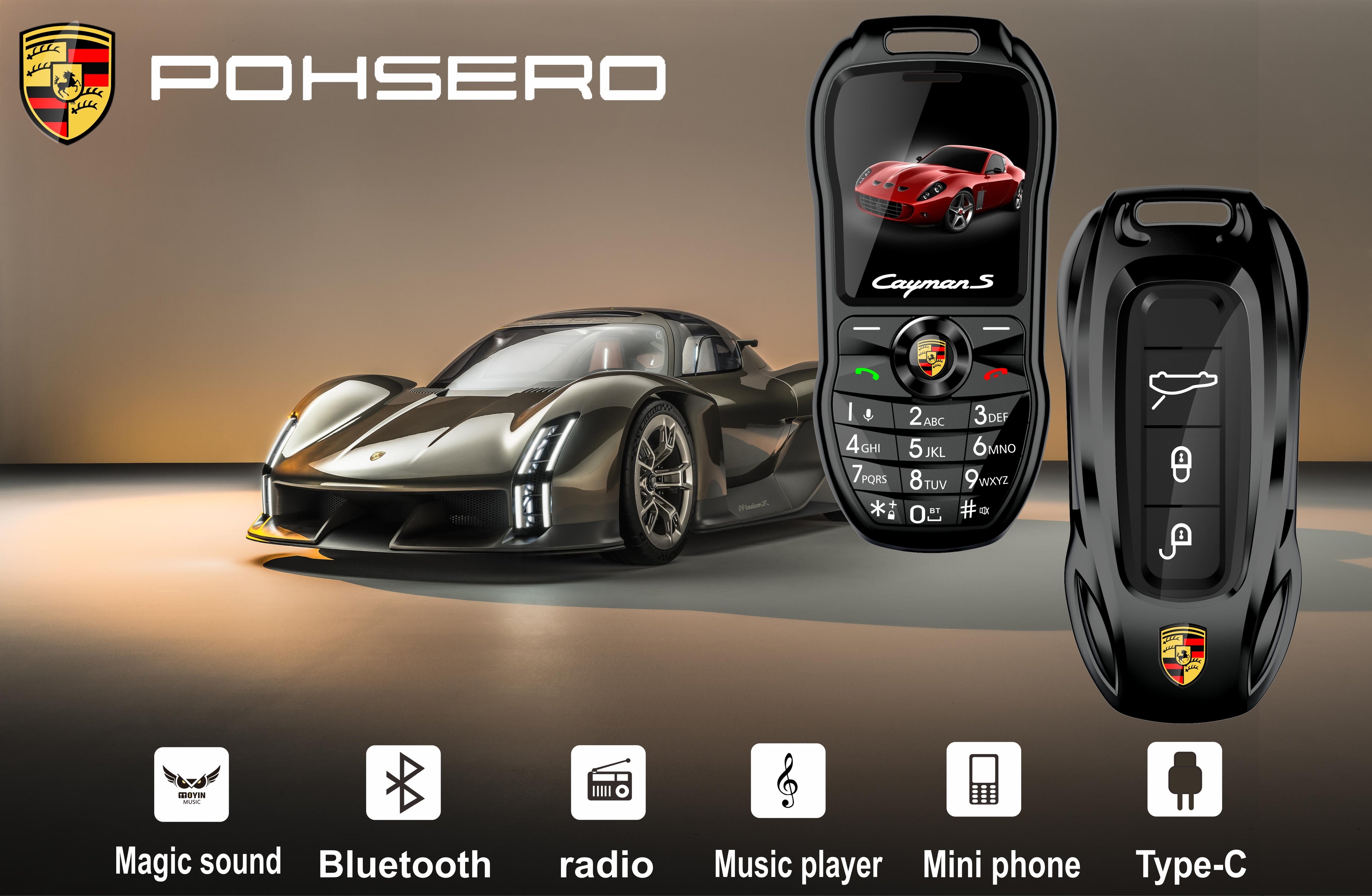 Mini téléphone Porsche Double Sim inspiré clef de voiture