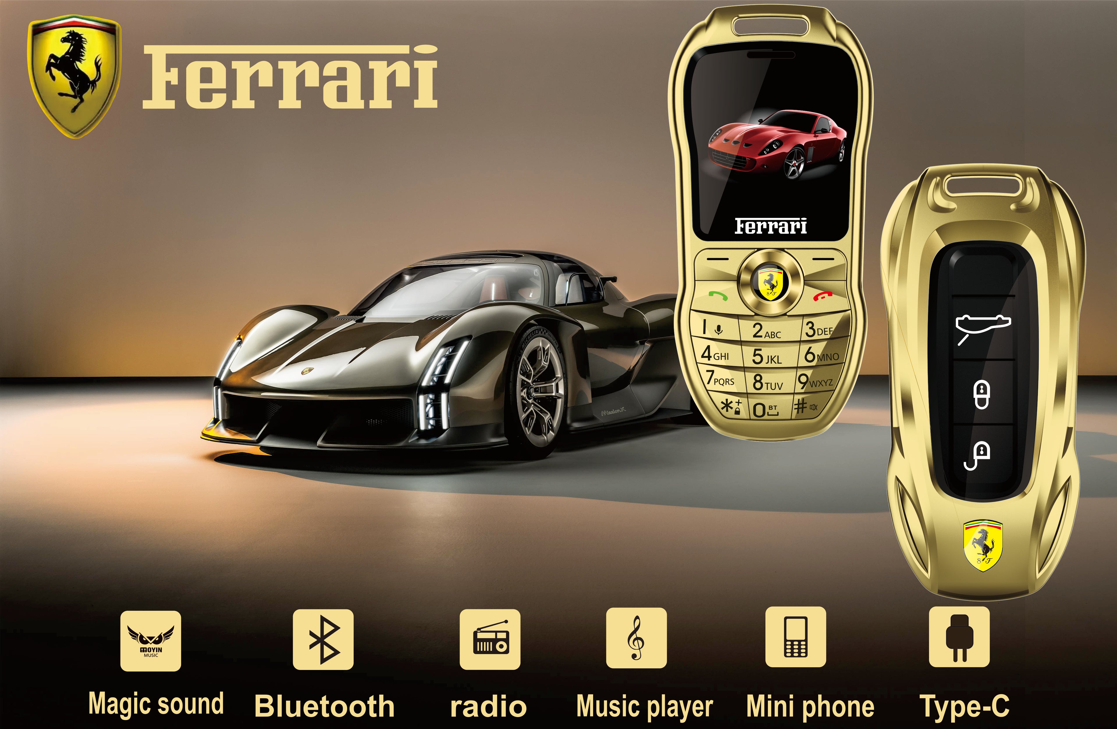 Mini téléphone portable Ferrari style clef de voiture de luxe Double Sim